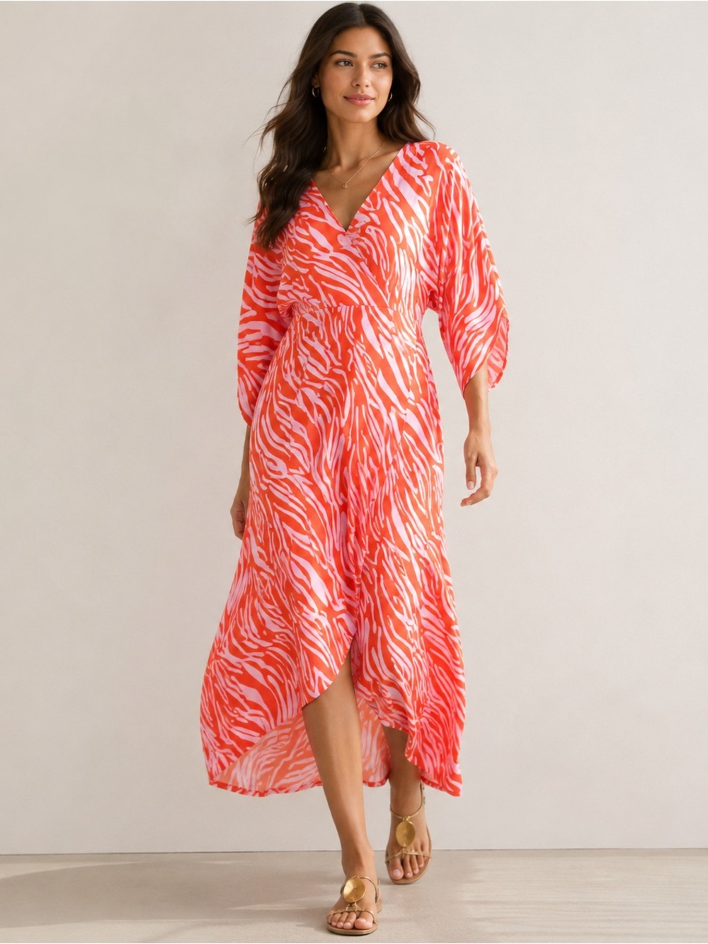 CAbi | Saunter Coral and Lavender Wrap Style Zebra Print Midi Dress Size Small